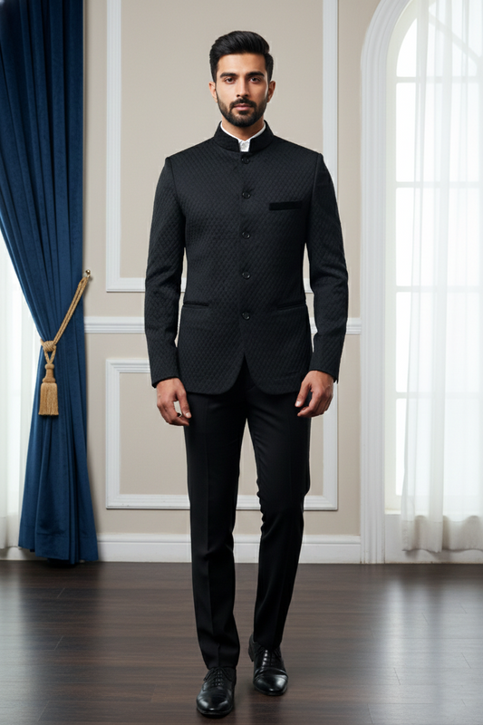 Men's Black Quilted Velvet Bandhgala Jodhpur  Jacket