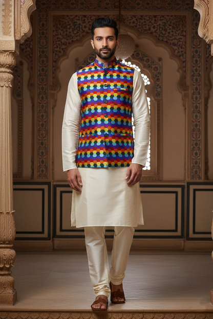 Men’s Multicolor Printed Nehru Jacket with Ivory Kurta