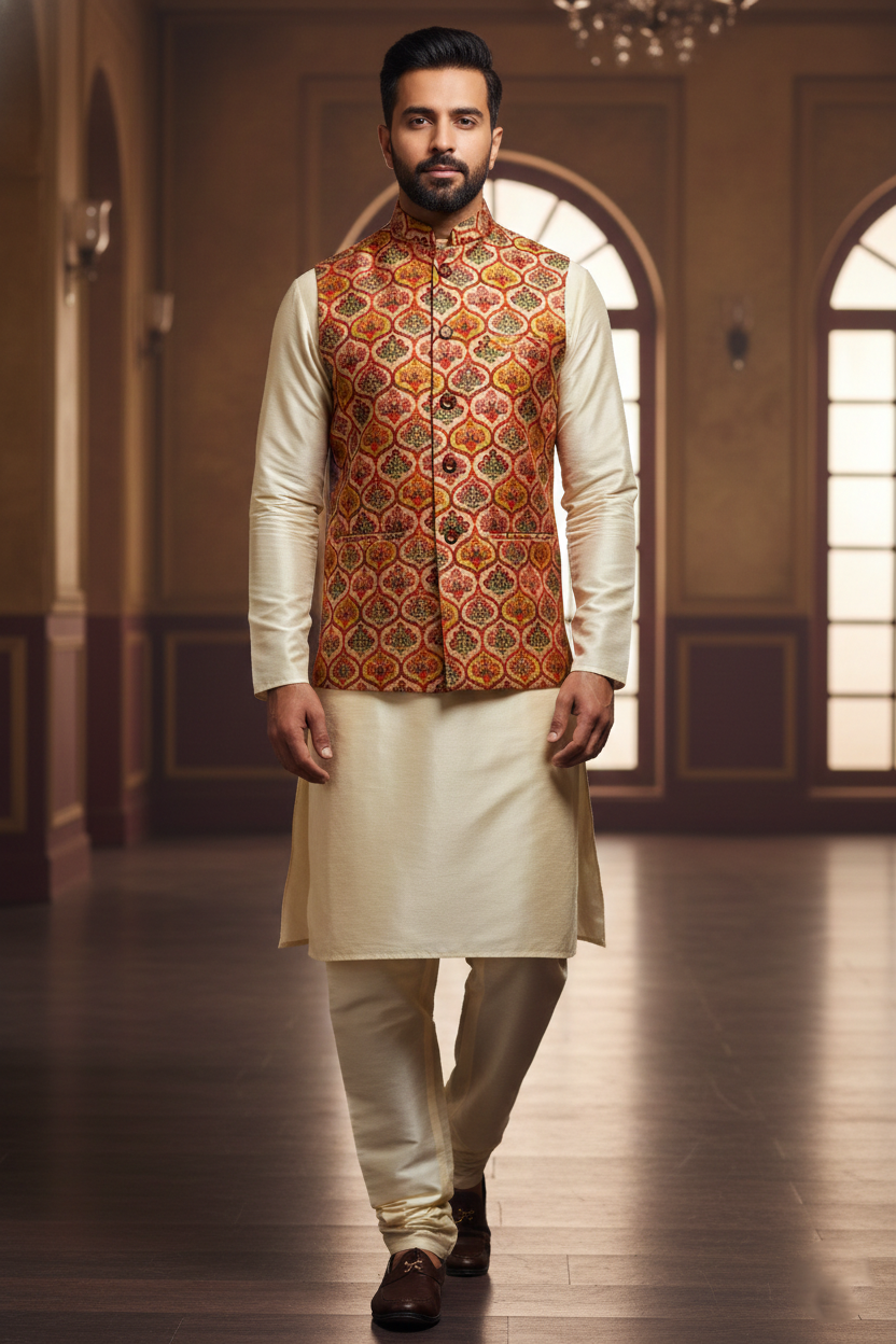 Title: The Art of Regality: Contemporary Printed Bundi and Silk Kurta Set
