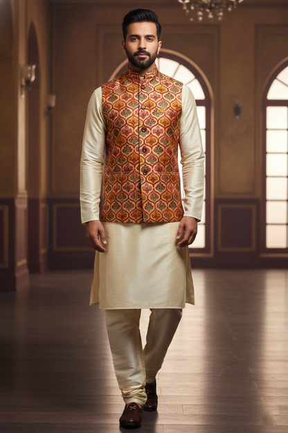 Title: The Art of Regality: Contemporary Printed Bundi and Silk Kurta Set