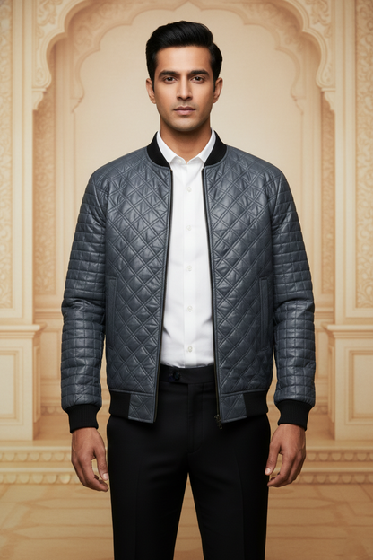 Men's Premium Grey Quilted Bomber Jacket , Diamond-Stitch taffeta fabric Casual Outerwear