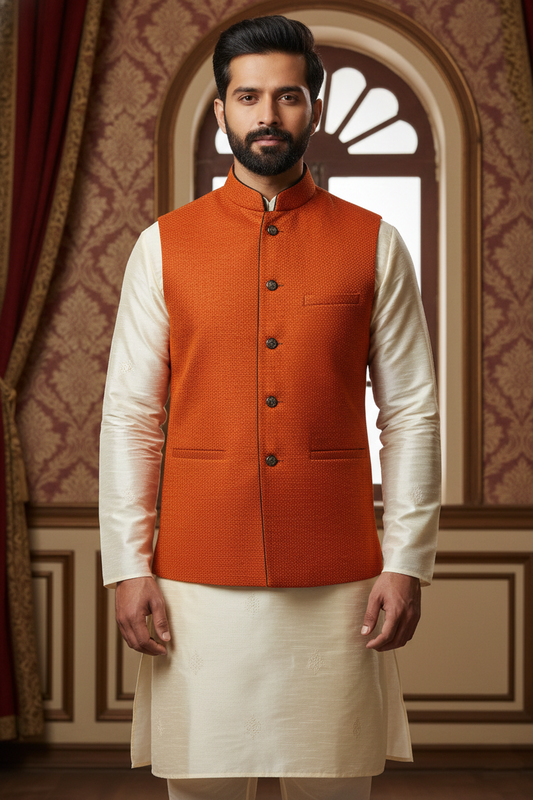 Men’s Rust Orange Nehru Jacket with Ivory Kurta