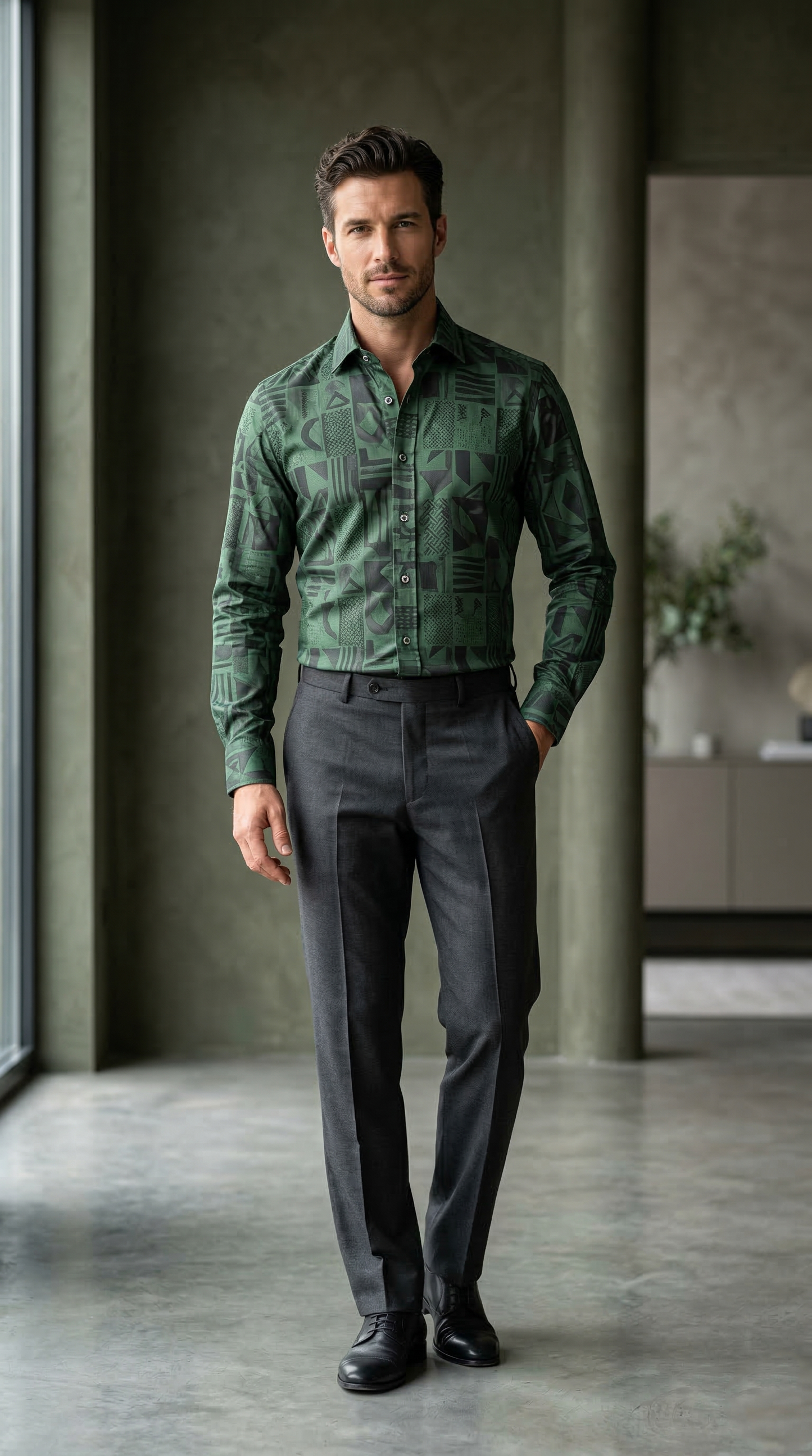 Men'sDesigner Slim-Fit Emerald Geometric Glyph Print Shirt