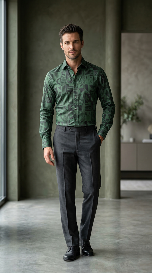 Men'sDesigner Slim-Fit Emerald Geometric Glyph Print Shirt