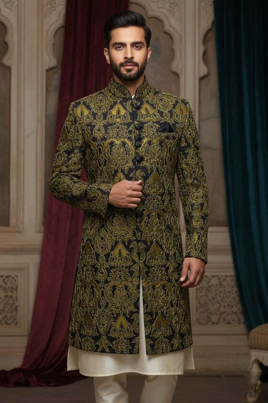 Black Sherwani with Golden Embroidery