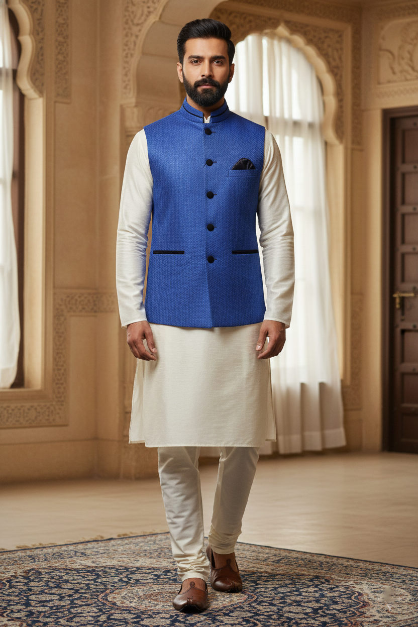 Royal Blue Nehru Jacket with Cream Kurta Set