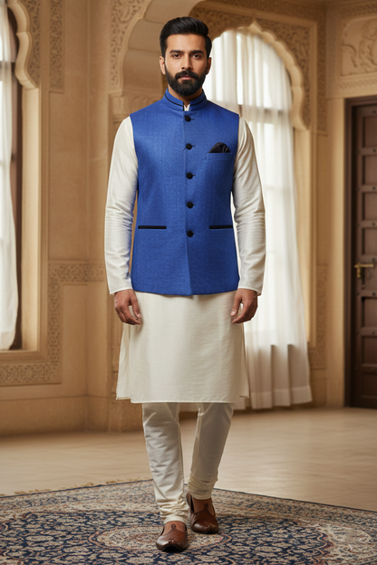 Royal Blue Nehru Jacket with Cream Kurta Set