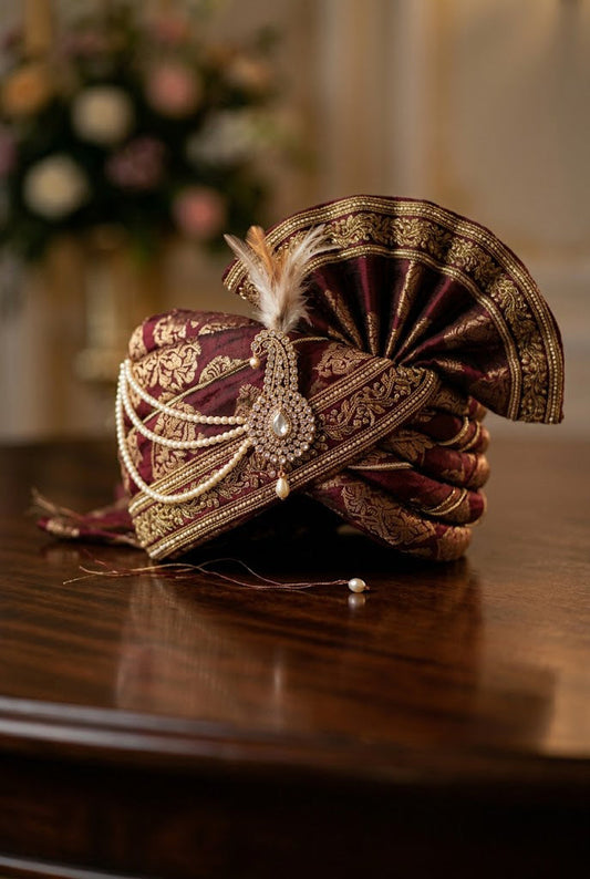 Royal Maroon Banarasi Silk Groom Pagri with Pearl Strings