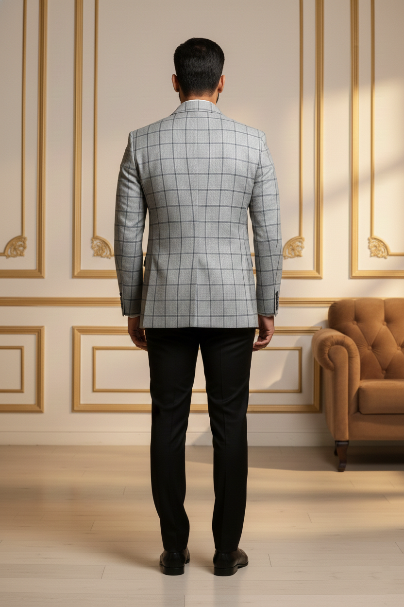 Men'sLight Grey Windowpane Check Slim-Fit Blazer