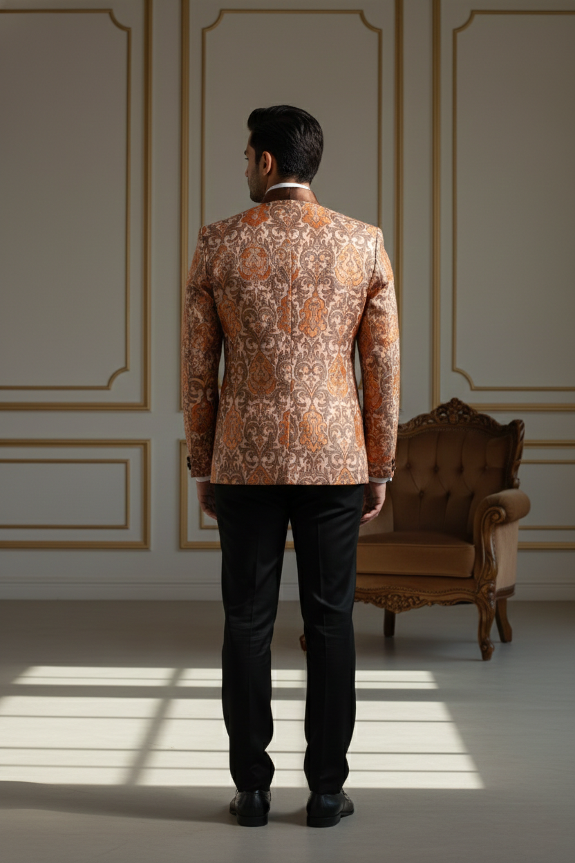 Men'sRose Gold Paisley Jacquard Tuxedo Blazer with Satin Shawl Lapel