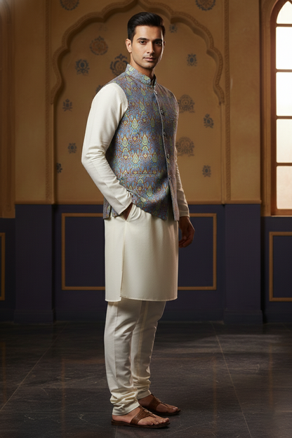 Men’s Blue Printed Nehru Jacket | Ethnic Mandarin Collar Waistcoat for Festive & Wedding Wear