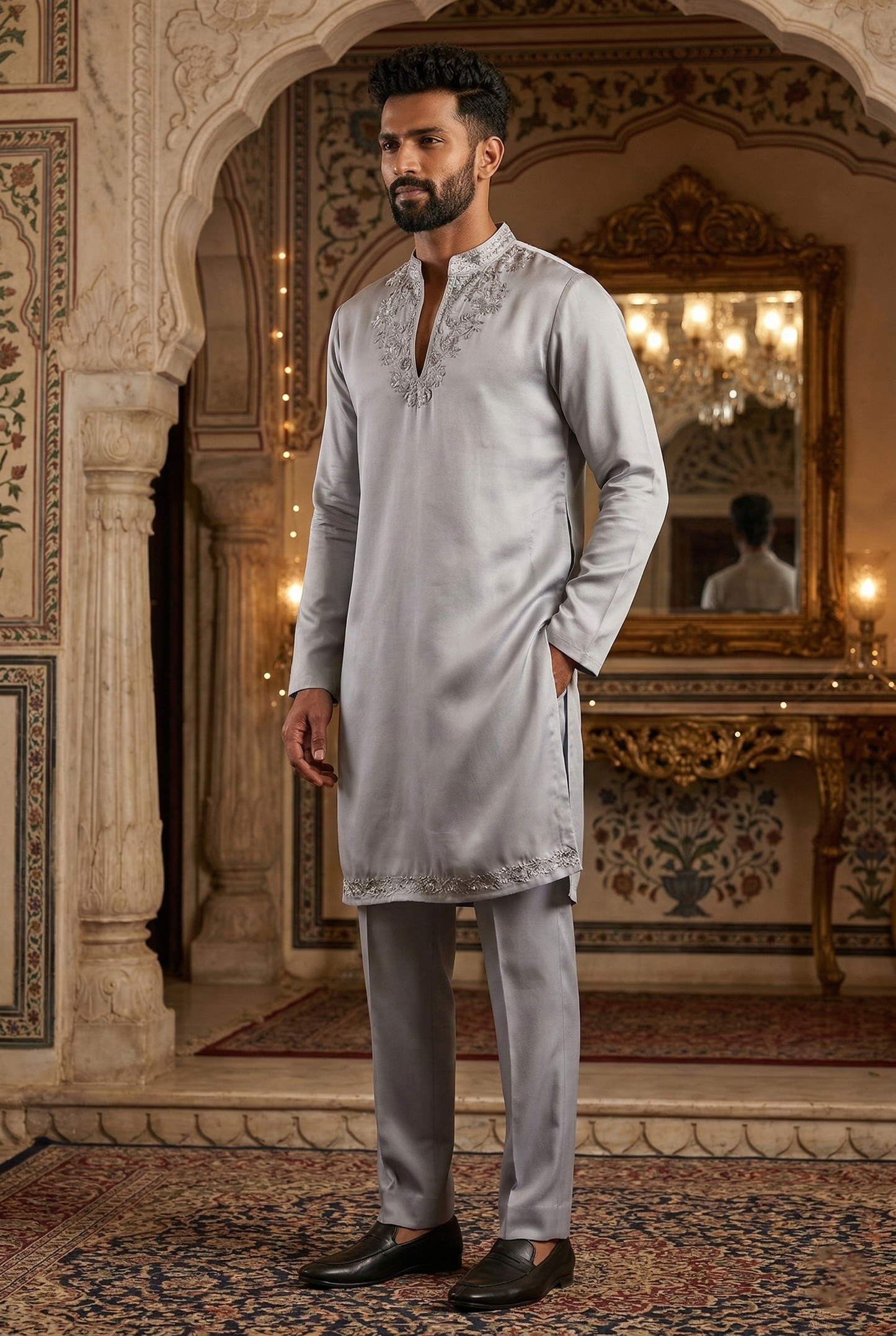 Men'sSilver Silk-Blend Partywear Kurta Pajama