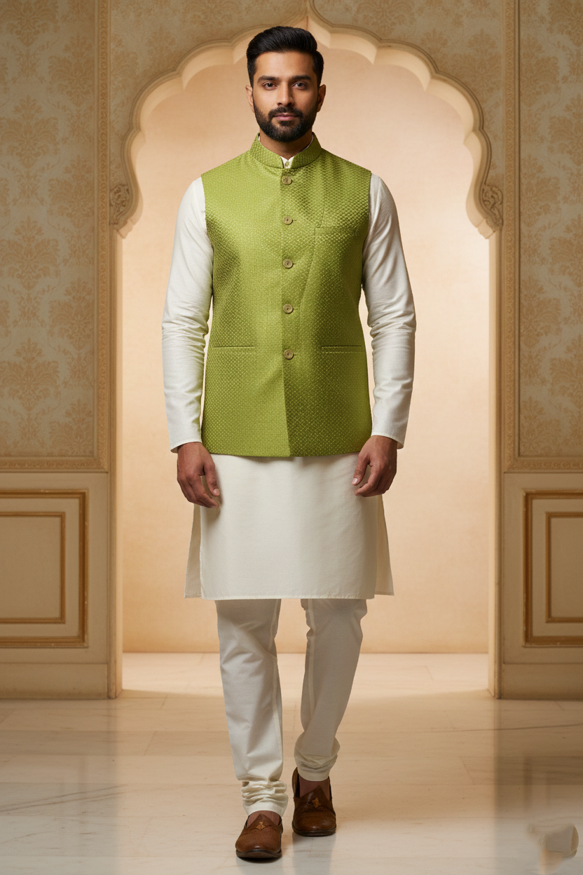 Men’s Dark Green Nehru Jacket with Textured Fabric | Ethnic Waistcoat