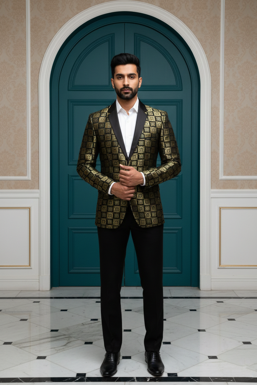 Men's Designer Gold and Black Geometric Brocade Blazer , Luxury Slim-Fit Party Wear Dinner Jacket with Satin Peak Lapel