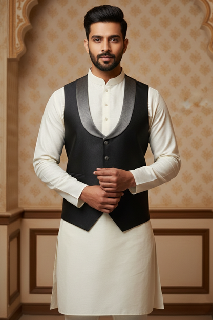 Modern Black Shawl Lapel Waistcoat with  Cream Kurta Set