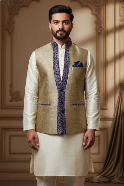 Beige Waistcoat with Blue Embroidered Trim &  Cream Kurta Set