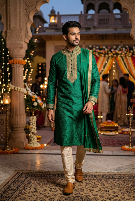 Men's Emerald Green Silk Kurta with Gold Work
