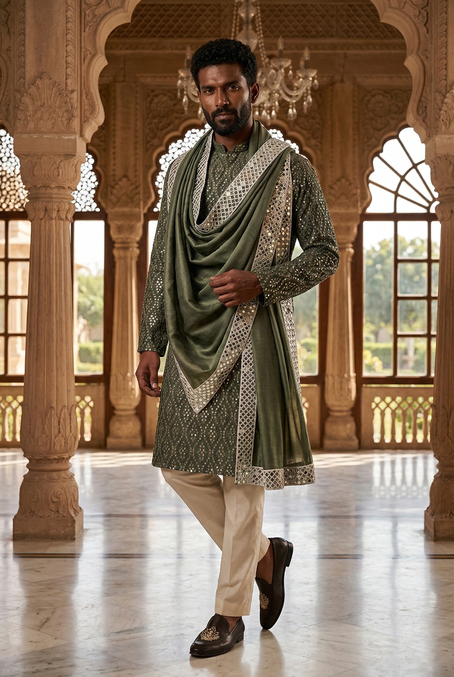 Men's Olive Mirror Work Designer Kurta Pajama with Stole