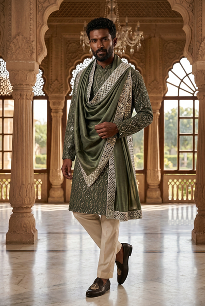 Men's Olive Mirror Work Designer Kurta Pajama with Stole