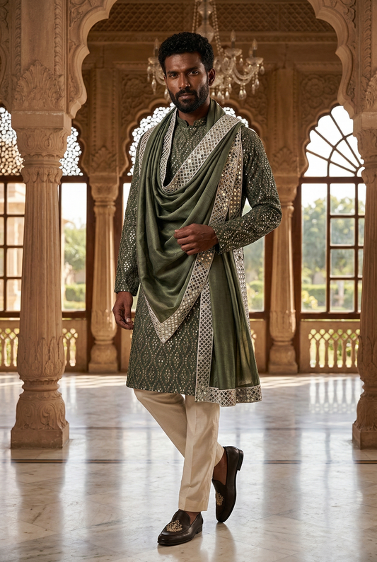 Men's Olive Mirror Work Designer Kurta Pajama with Stole