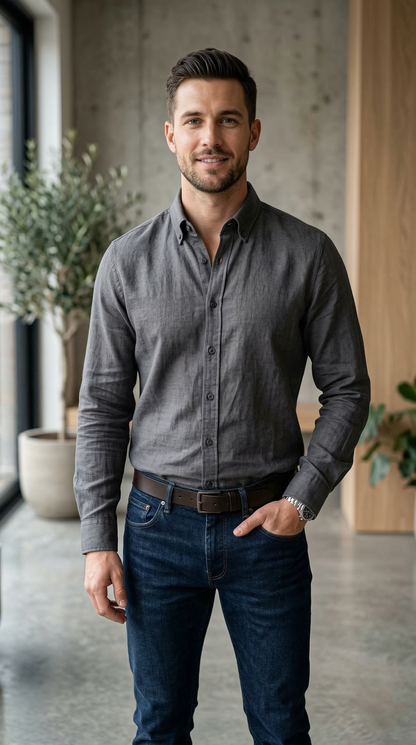 Men'sCasual Slim-Fit Melange Linen Shirt in Charcoal Grey