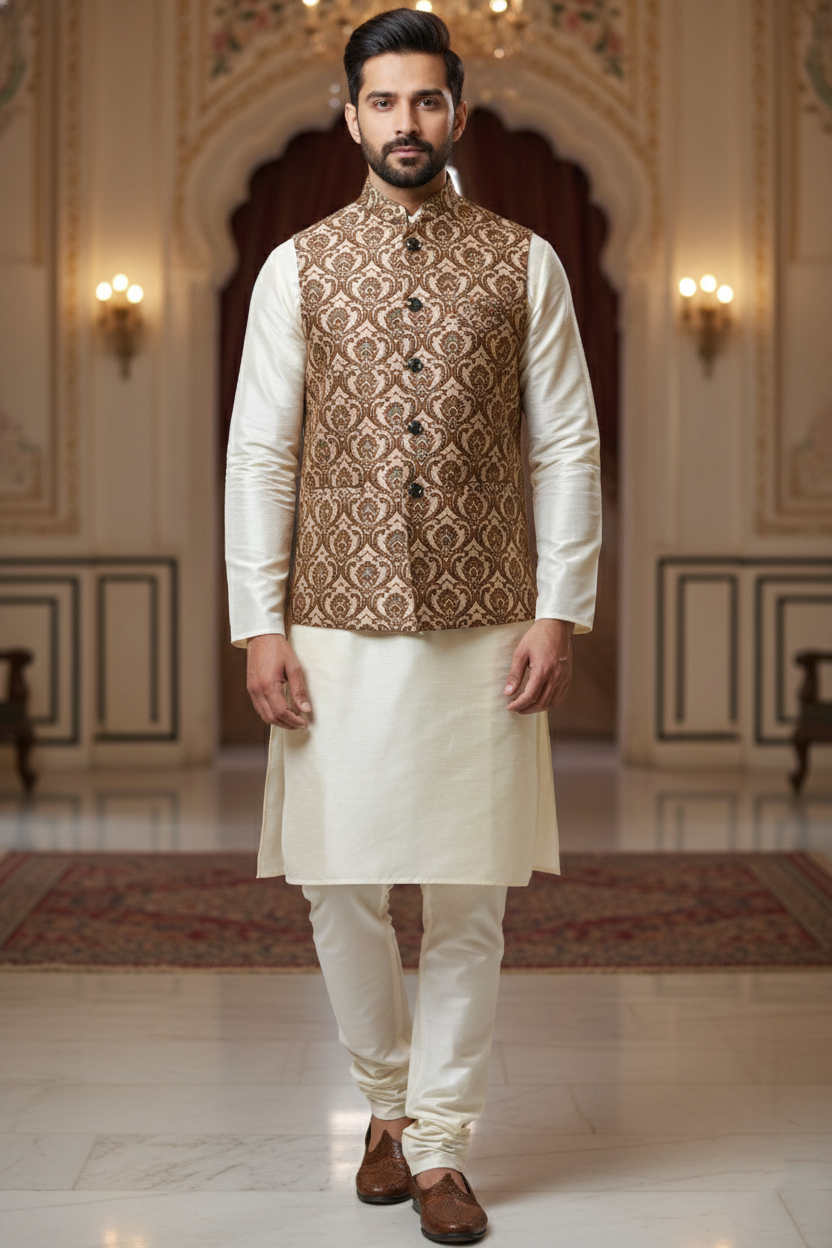 Men’s Beige Printed Nehru Jacket with Ivory Kurta