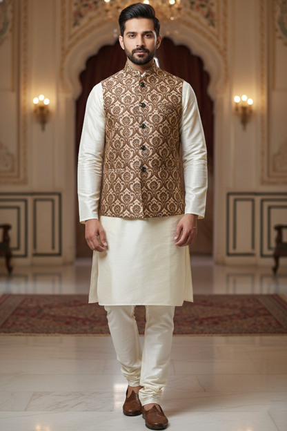 Men’s Beige Printed Nehru Jacket with Ivory Kurta