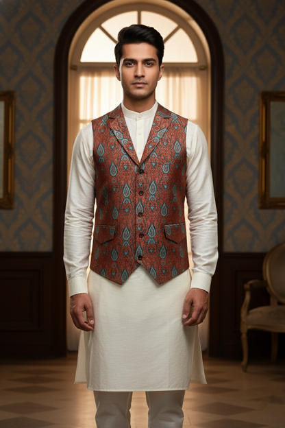 Men’s Rust & Teal Brocade Waistcoat – Slim Fit Paisley Jacquard Nehru Vest with Notch Lapel