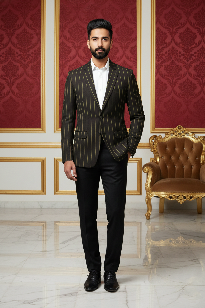 Dark Pinstripe Suit with Yellow Stripes