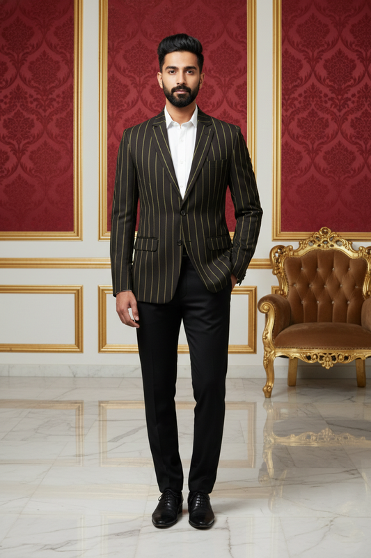 Dark Pinstripe Suit with Yellow Stripes