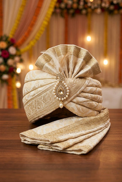 Royal Off-White & Gold Banarasi Silk Groom Pagri