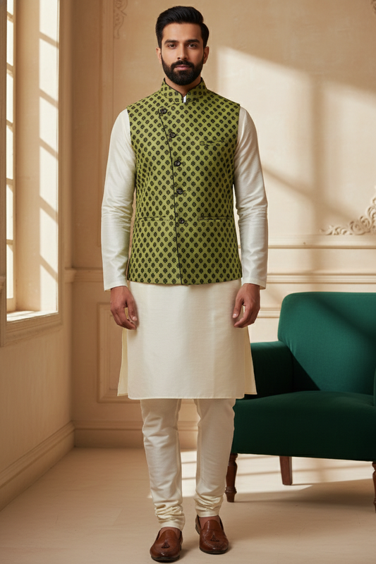 Men’s Olive Green Printed Nehru Jacket Kurta Pajama