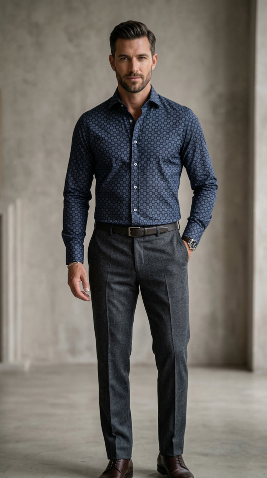 Designer Men'sNavy Medallion Print Dress Shirt , Slim Fit Geometric Floral