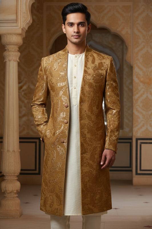Men'sGold Paisley Embroidered Sherwani