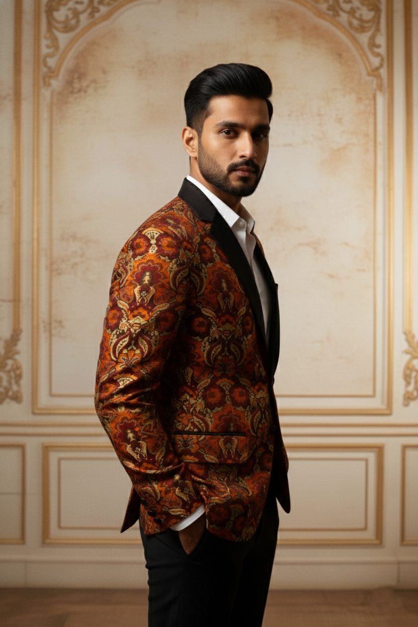 Men'sBurnt Orange Brocade Tuxedo Blazer