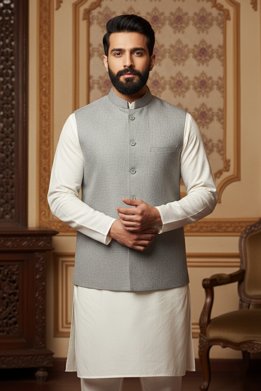 Light Grey Waistcoat with Cream Kurta Set