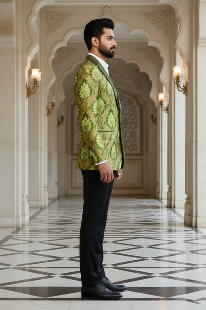 Men's Premium Olive Green Floral Jacquard Tuxedo Blazer , Luxury Ethnic Wedding & Evening Party Wear Jacket