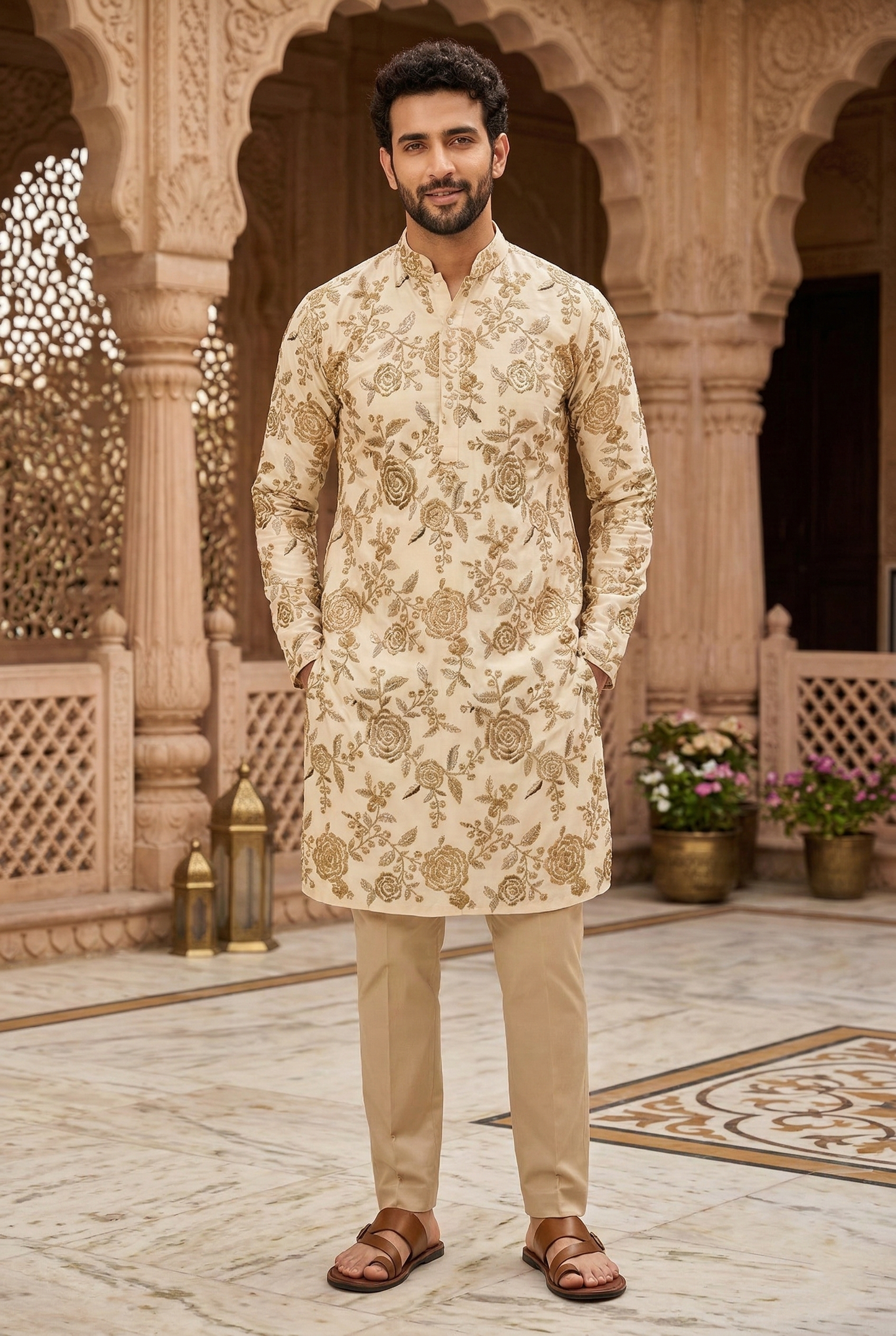 Men's Cream Floral Embroidered Partywear Kurta Pajama