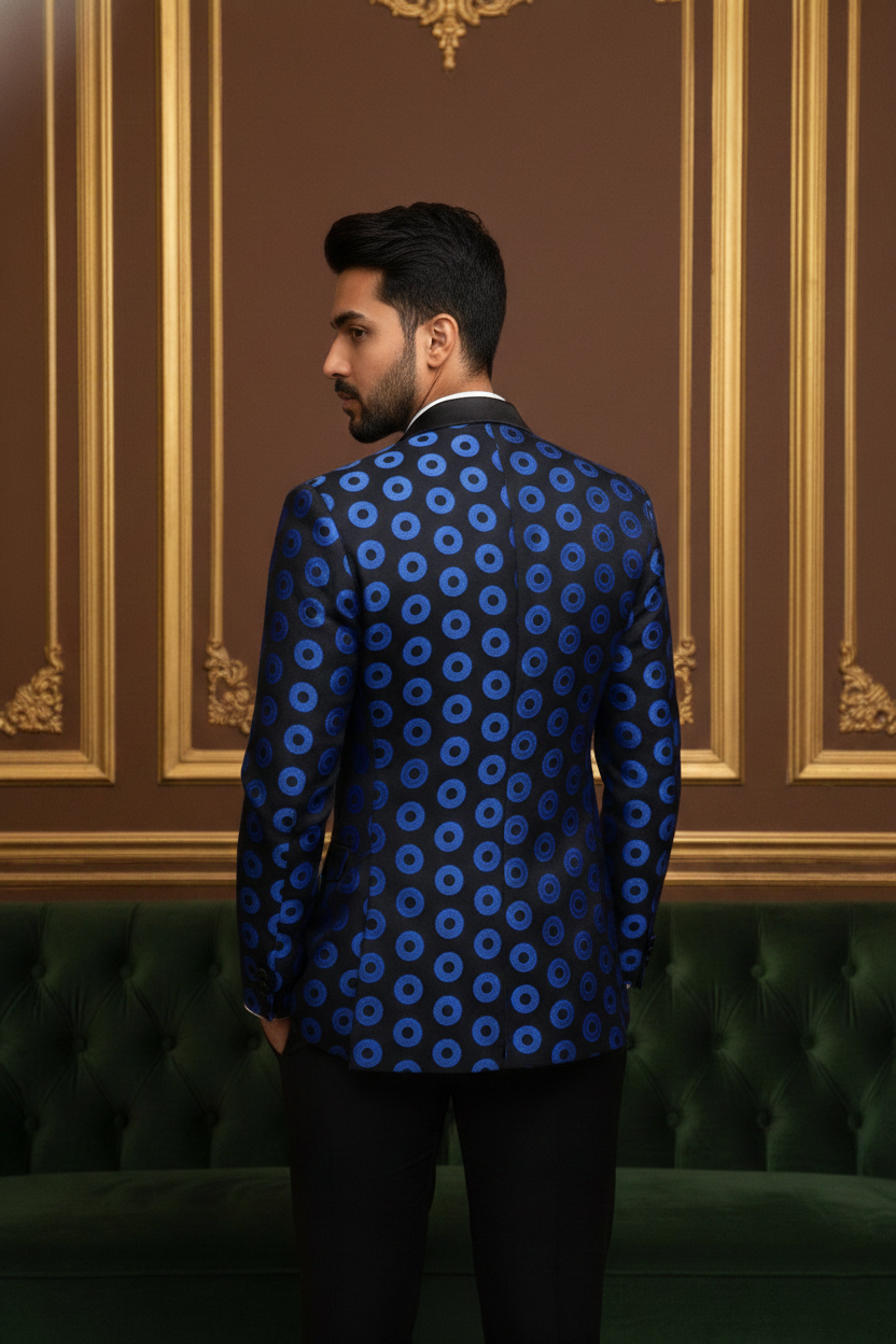 Men's Royal Blue Geometric Circle Print Party Wear Blazer with Satin Shawl Lapel