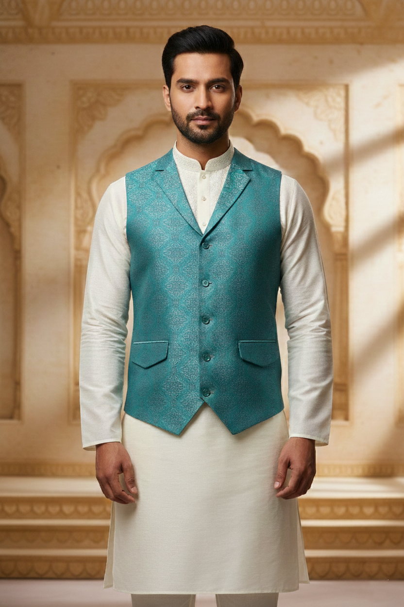 Men’s Blue Nehru Jacket | Classic Slim Fit Ethnic Waistcoat