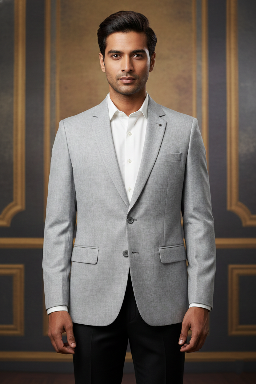 Men's Slim-Fit Textured Light Grey Two-Button Blazer