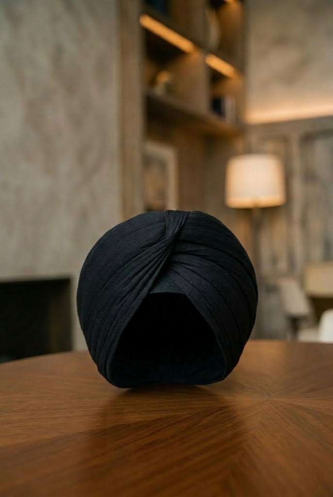 Midnight Black Formal Turban , Luxe Pleated Stretch