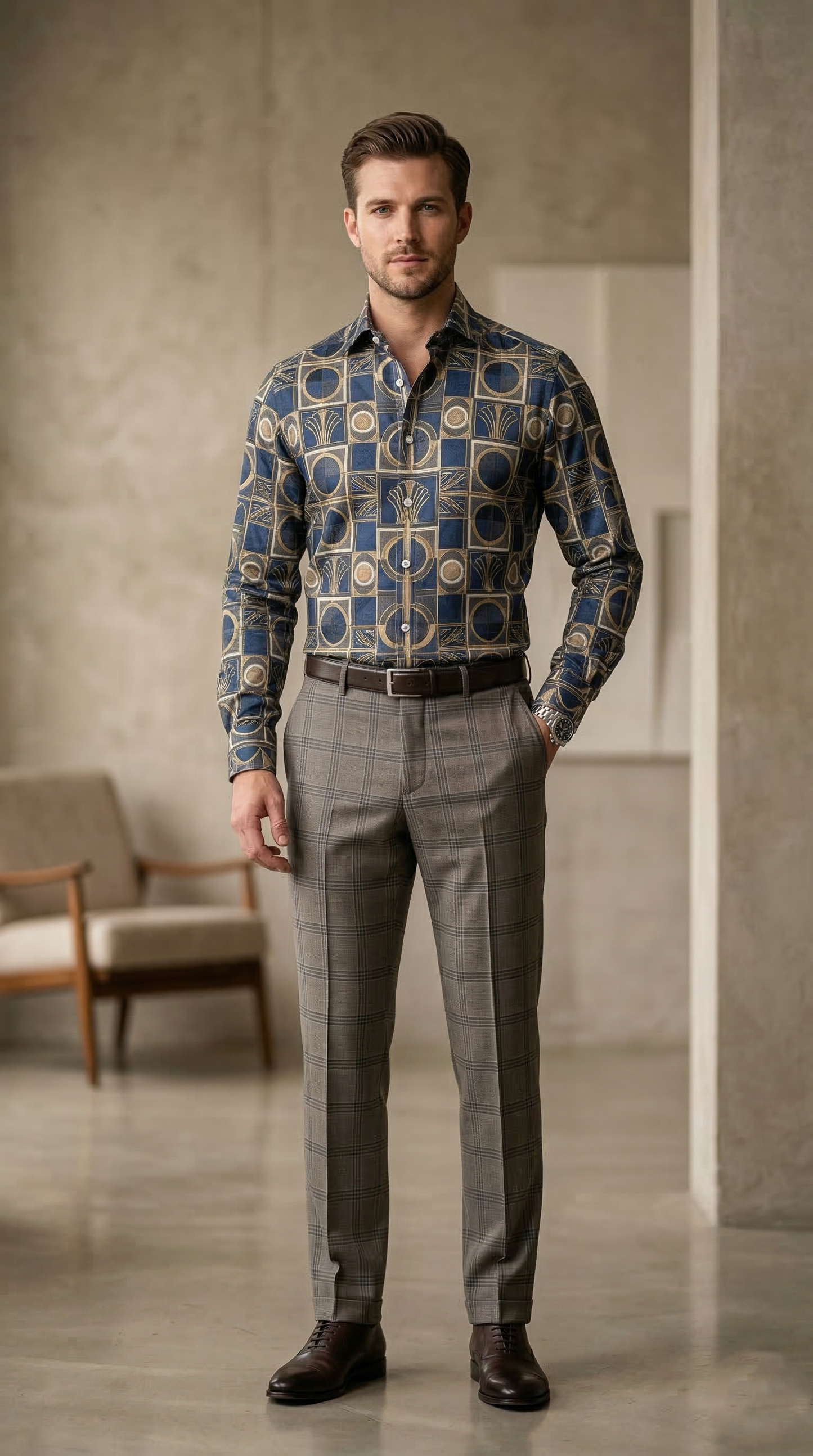 Designer Men'sArt Deco Tile Print Shirt , Navy & Gold Architectural Motif