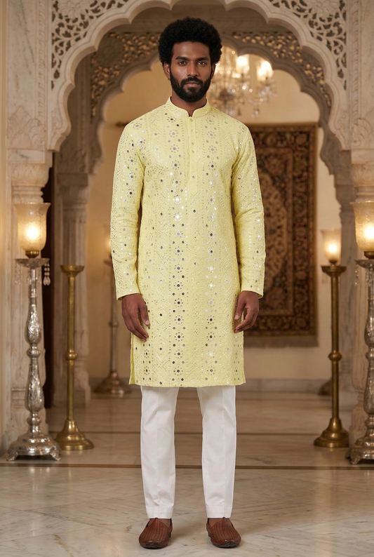 Men'sLemon Yellow Mirror Work Partywear Kurta Pajama