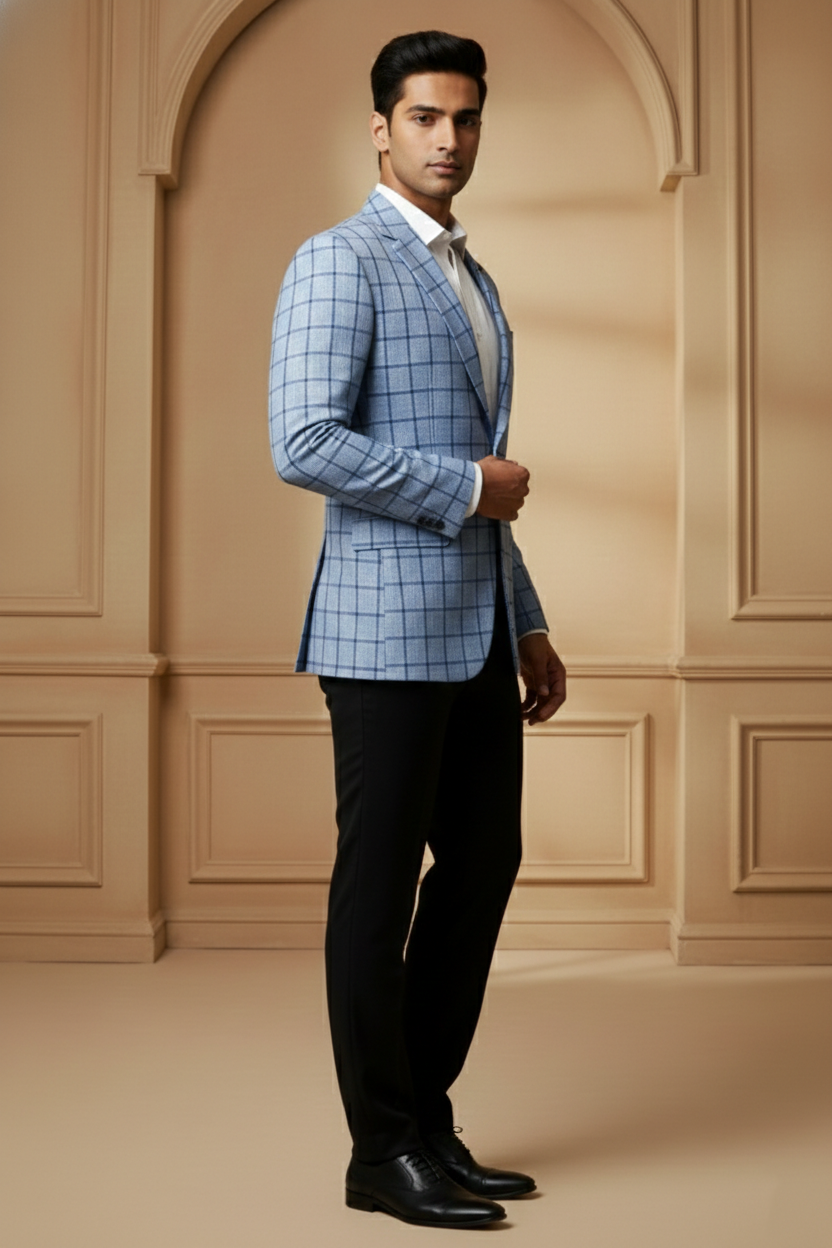 Men's Premium Sky Blue Checkered Jacquard Blazer