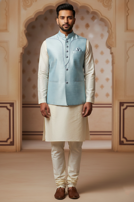 Men’s Light Blue Nehru Jacket with White Contrast Lining | Ethnic Waistcoat