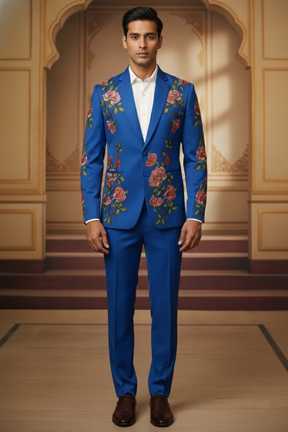 Sky Blue Artisan Blazer with Swan & Butterfly Hand-Embroidery , Designer Indo-Western Tuxedo
