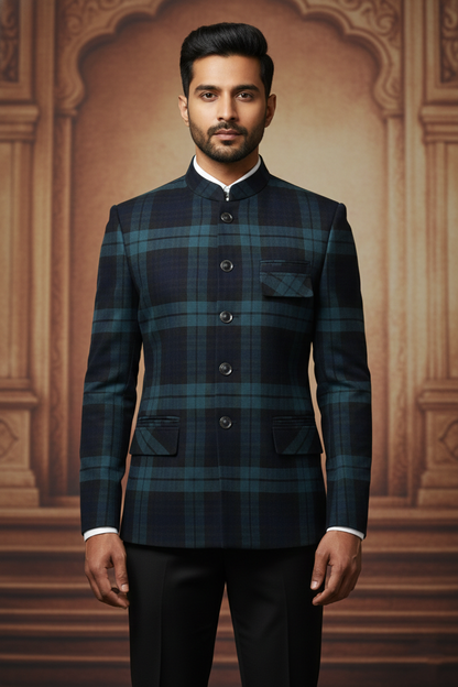 Dark Blue & Green Plaid Double-Breasted Blazer with Metallic Buttons