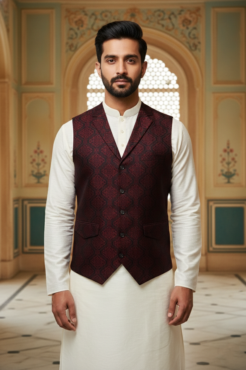 Men’s Dark Red Jacquard Silk Waistcoat with Notch Lapel | Slim Fit Festive Vest