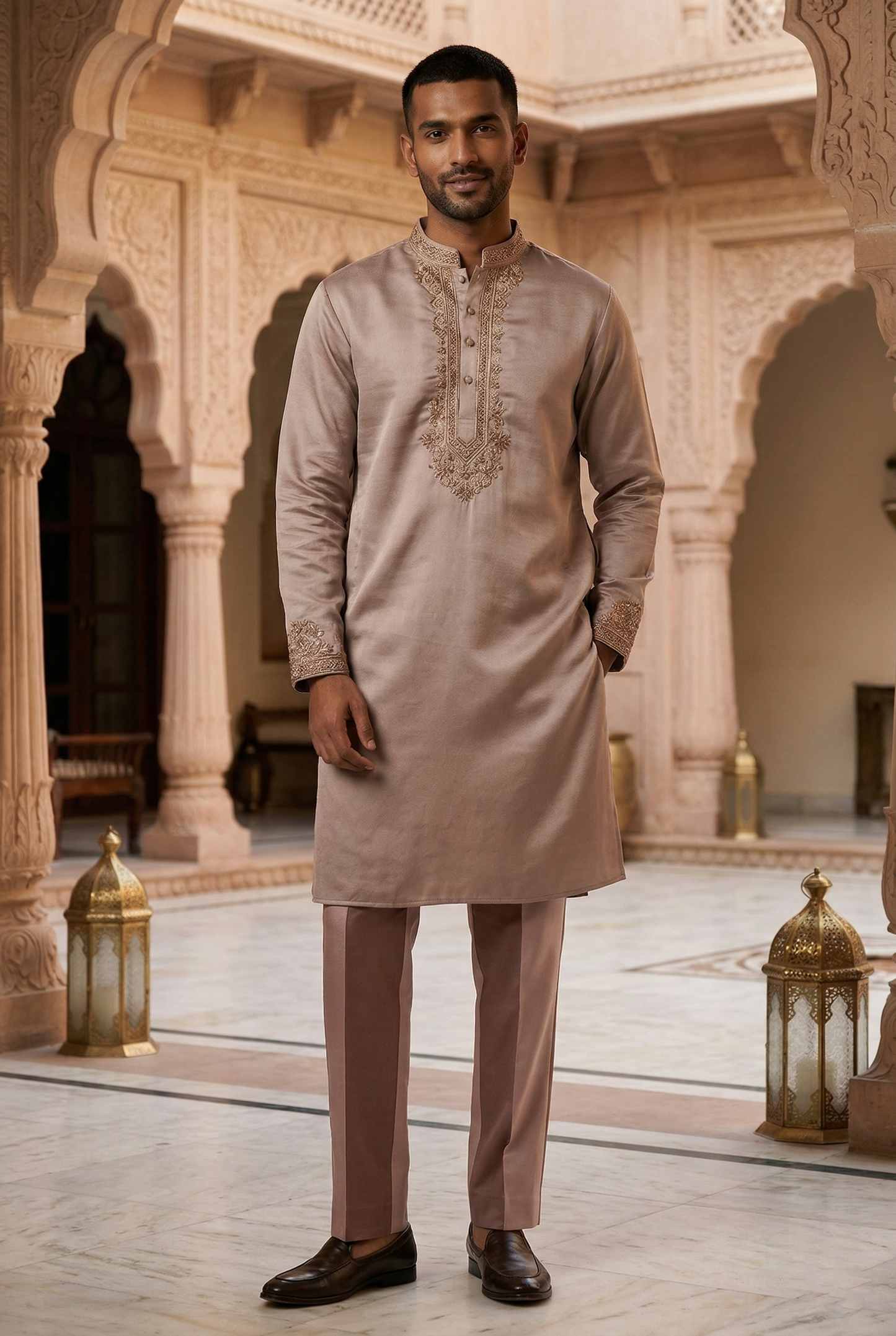 Men'sTaupe Silk Partywear Kurta Pajama Set